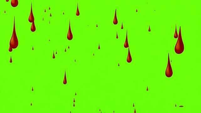 Animation red blood drops falling on green screen background. at a chroma key background, drop, 3D HD animation, seamless looping, dripping blood animation, 3D drops, shiny beautiful, red drops. 