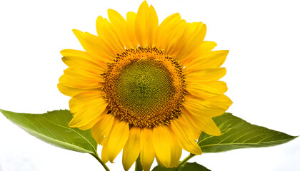 Obraz premium Detailed close-up of a bright yellow sunflower with vivid petals and lush green center isolated on a white background, symbolizing summer, brightness, and positivity.