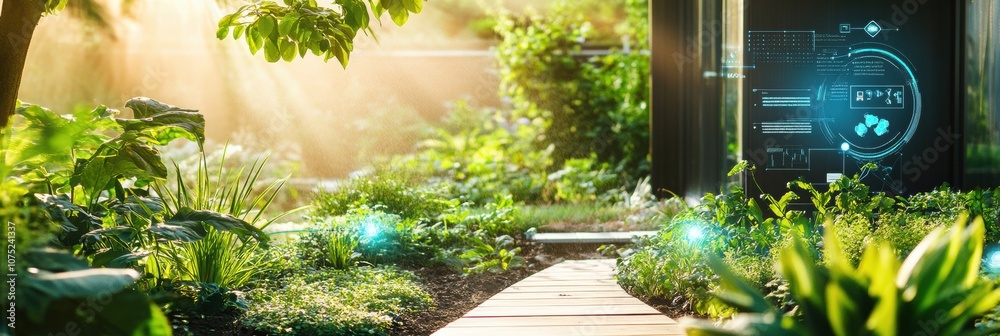Poster a vibrant smart garden thrives with automated sprinklers and soil sensors, showcasing a blend of tec