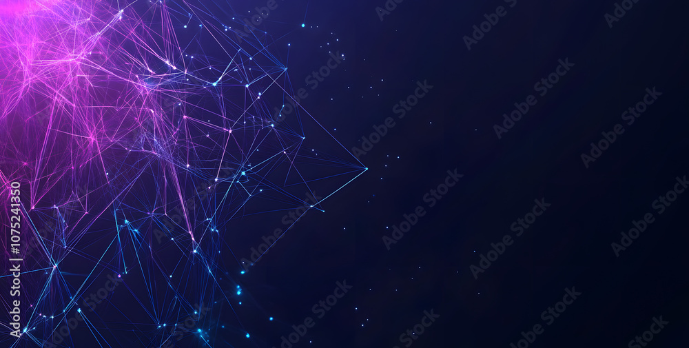 Poster A digital abstract background with glowing blue and purple connections forms the shape of an AI brain on a dark gradient, ideal for tech presentations and social network banners.