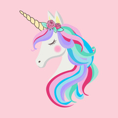 Cute unicorn head with horn in colorful rainbow pastel design, vector illustration design for cartoon children, baby card, decorating birthday party, shirt, sticker	