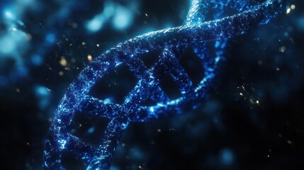 A glowing blue DNA double helix against a dark background with particles floating around it.