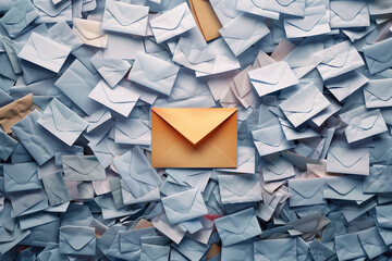 Yellow orange envelope atop a pile of white envelopes, overwhelmed with messages or email correspondence, too many incoming information