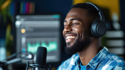 Happy black male podcaster recording audio content, wearing headphones and smiling