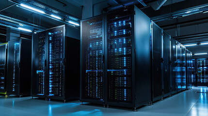 Working data center servers blinking with blue and green lights