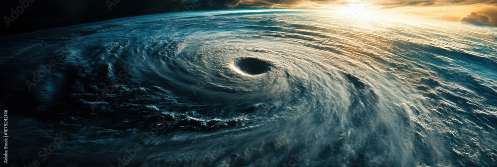 Poster A powerful hurricane develops in the open ocean, characterized by swirling clouds and increasing wind strength as sunlight breaks through. Generative AI