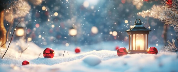 A lit lantern surrounded by Christmas decorations, with snow gently falling on the ground, perfect for holiday-themed websites, greeting cards, and seasonal promotions