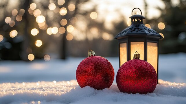 Two red Christmas ornaments resting on a snowy surface, illuminated by a rustic lantern casting a warm, inviting glow, perfect for holiday greeting cards, social media posts, or website banners