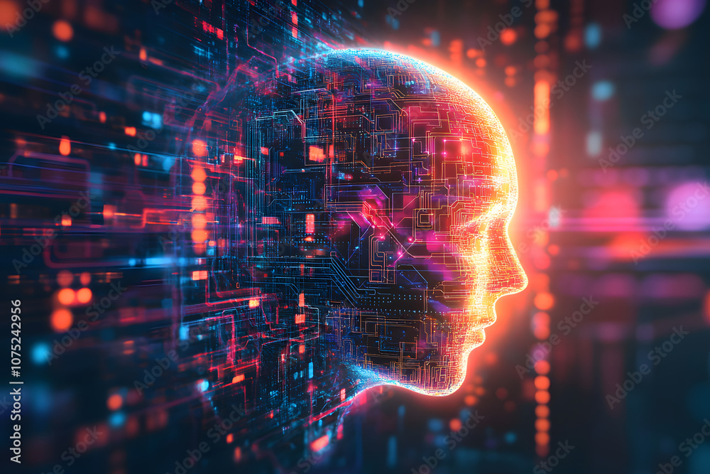 Poster A digital abstract background with glowing blue and purple connections forms the shape of an AI brain on a dark gradient, ideal for tech presentations and social network banners.
