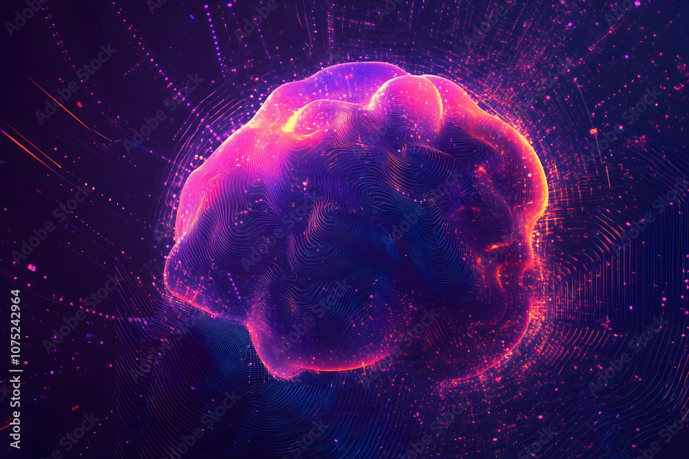 Poster A digital abstract background with glowing blue and purple connections forms the shape of an AI brain on a dark gradient, ideal for tech presentations and social network banners.
