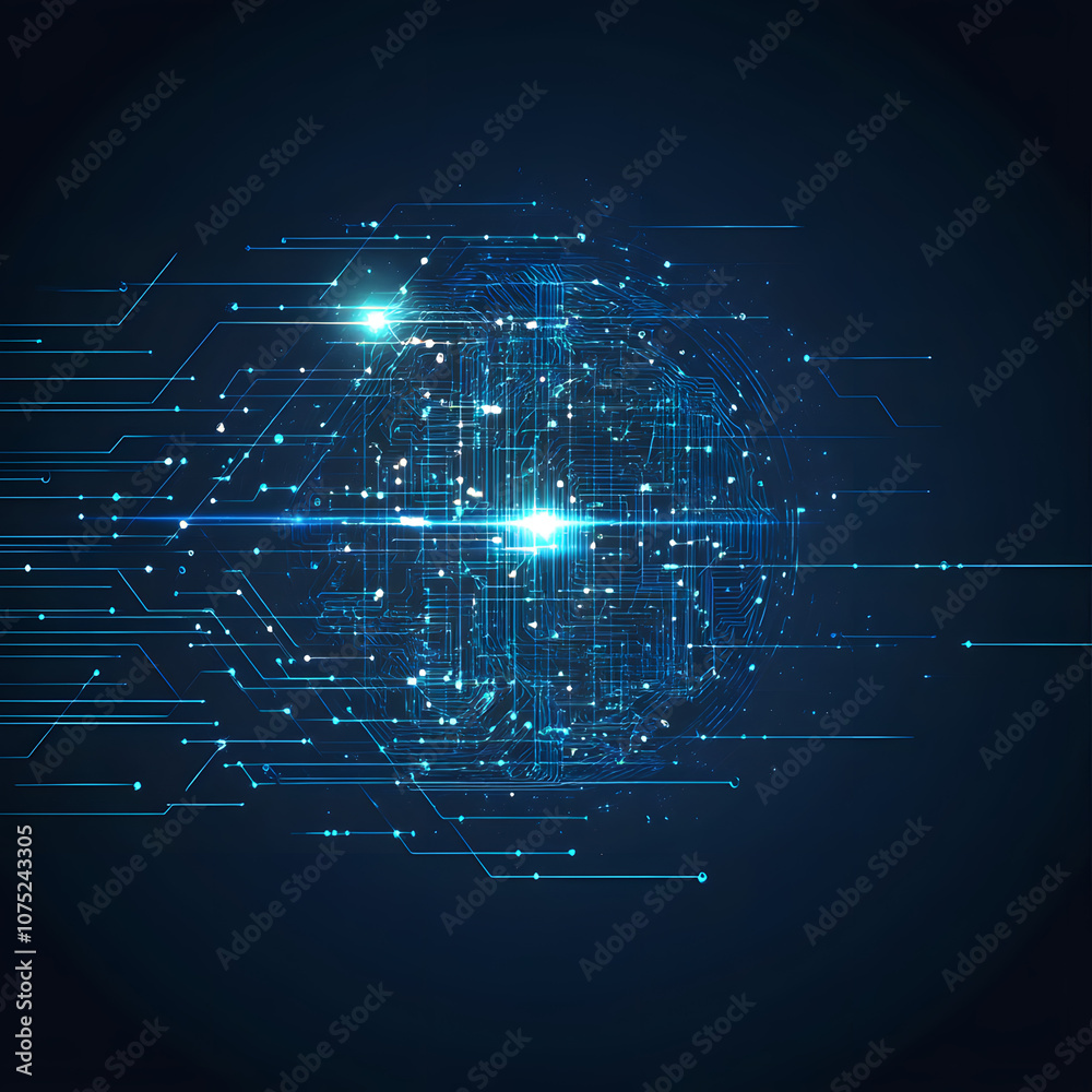 Poster A digital abstract background with glowing blue and purple connections forms the shape of an AI brain on a dark gradient, ideal for tech presentations and social network banners.