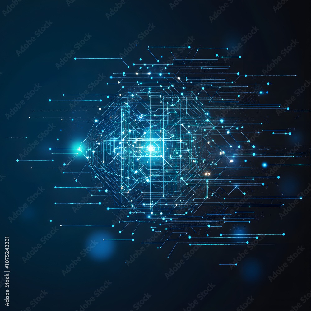 Poster A digital abstract background with glowing blue and purple connections forms the shape of an AI brain on a dark gradient, ideal for tech presentations and social network banners.