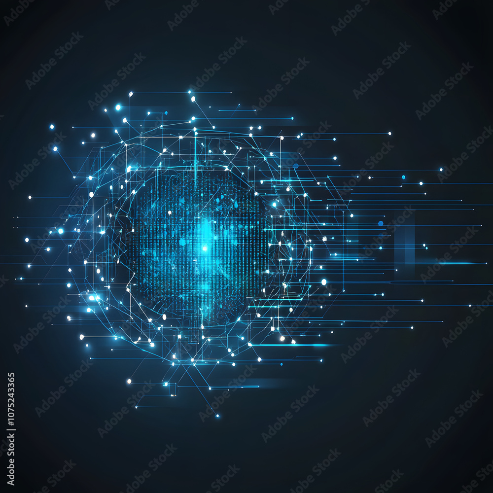 Poster A digital abstract background with glowing blue and purple connections forms the shape of an AI brain on a dark gradient, ideal for tech presentations and social network banners.