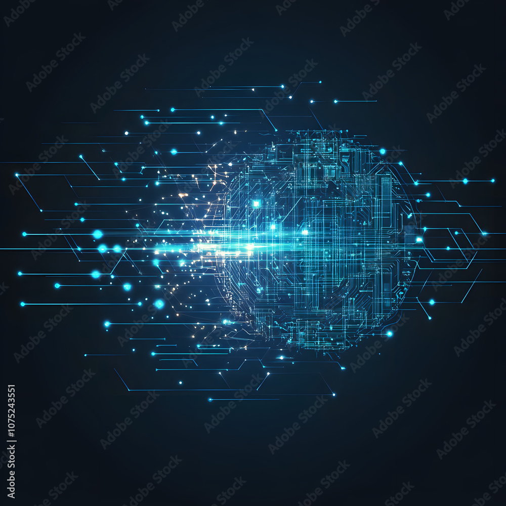 Poster A digital abstract background with glowing blue and purple connections forms the shape of an AI brain on a dark gradient, ideal for tech presentations and social network banners.