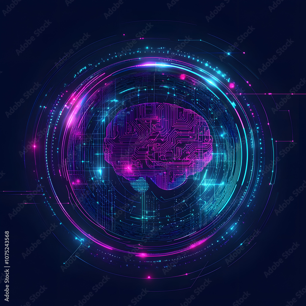 Poster A digital abstract background with glowing blue and purple connections forms the shape of an AI brain on a dark gradient, ideal for tech presentations and social network banners.