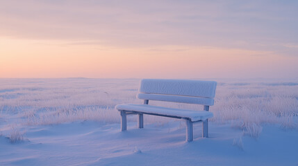 Foggy lake with a thin layer of ice, with a lone boat docked at a distance, surrounded by snow-covered trees