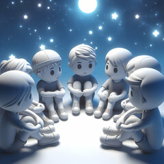 Obraz premium 3D Icon Group Friends Deep Conversation Starlit Sky Shared Insights Outdoor Gathering Candid Image Epiphany Moments Concept Text Space Ideal Advertisements Magazine Spread