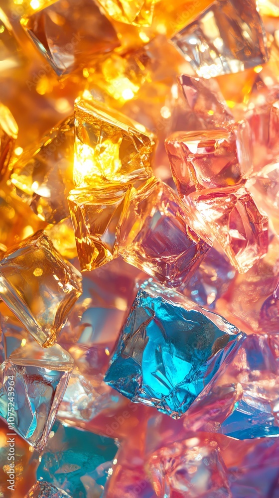 Poster a close-up shot of colorful glass cubes with a blurred background of shimmering lights.