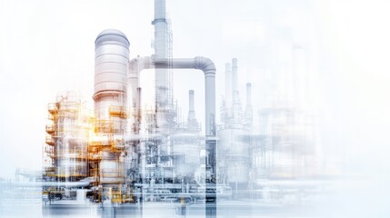 Obraz premium Double exposure of oil refinery and pipelines with a technology concept. Industrial and innovation theme. 