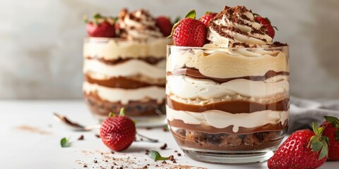 English trifle dessert in elegant glassware, white background, Luxurious presentation with layers of double cream, custard, strawberries, cake slices on the bottom