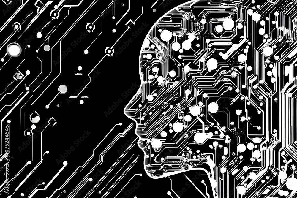 Poster A digital abstract background with glowing blue and purple connections forms the shape of an AI brain on a dark gradient, ideal for tech presentations and social network banners.