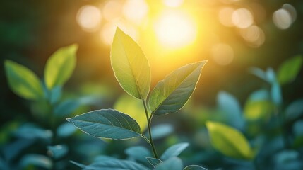 Obraz premium Golden Sunrise Illuminating Fresh Green Leaves in Nature