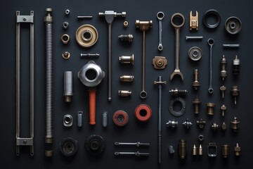 A collection of various metal tools and parts laid out on a dark grey background.