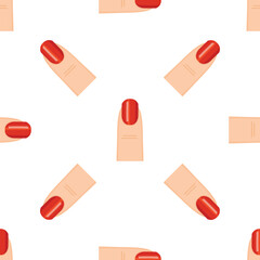 Seamless pattern of woman fingers with red nail polish, creating a stylish and repetitive design on a white background