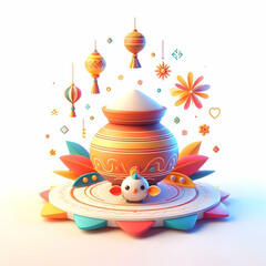 3D Pongal Joyful Atmosphere Concept Plain Background with Subtle Decorations Vibrant Colors Symbolizing Happiness Festivity Ample Copy Space 3D Icon Isolated on White Background