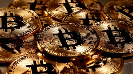 Bitcoin,a stack of gold coins, virtual currency