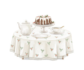Watercolor vintage composition with round table with white Christmas pattern tablecloth, tea utensils and cake pie food isolated on white background. Hand drawn illustration sketch