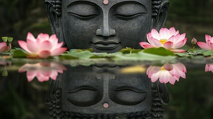 Serene Buddha Statue Reflecting in a Pond with Pink Lotus Flowers