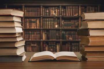 Reading Books set on wooden table in library