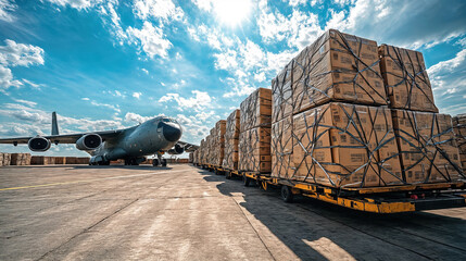 Cargo plane delivering humanitarian aid on airport runway