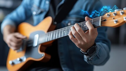 Obraz premium A close-up of a musician's hands playing a guitar, with vibrant sound waves illustrated