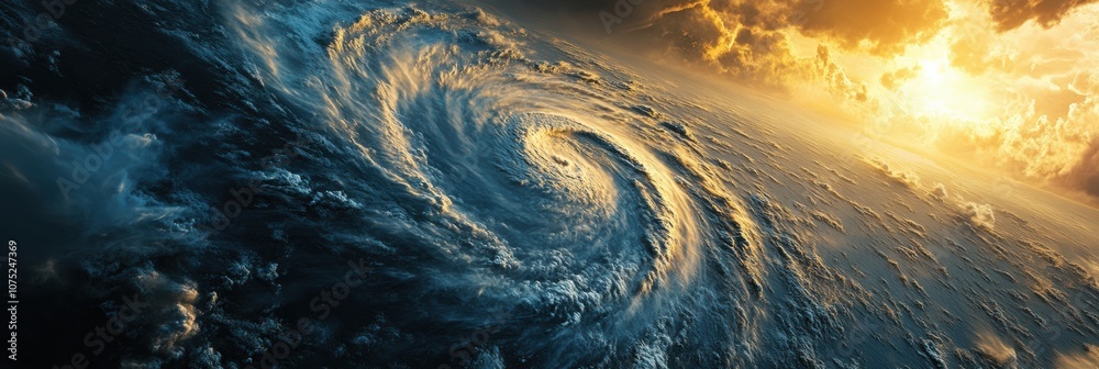 Poster A powerful hurricane develops in the open ocean, displaying dynamic winds and vibrant cloud formations as the sun sets. Generative AI