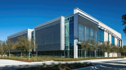 Exterior building facade with horizontal aluminum louver windows, designed for privacy and shade.