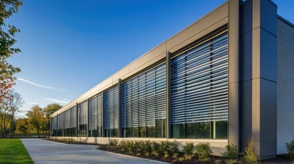 Obraz premium Exterior view of a building with aluminum louver windows, providing ventilation and privacy.