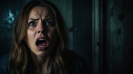 Close-up of a terrified woman screaming in a dark room, her face showing intense fear and shock, evoking suspense and horror themes.


