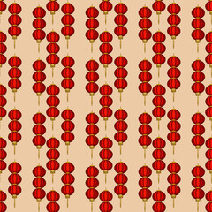 Small Red Round Lanterns on Beige Background Seamless Pattern Design