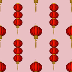 Big Red Round Lantern and Three Lanterns with Sakura on Pink Background Seamless Pattern Design