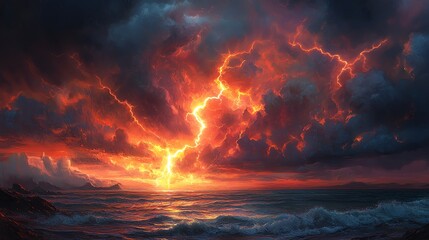 Obraz premium A fiery sunset with a dramatic lightning bolt striking the ocean creates a breathtaking scene of nature's power.