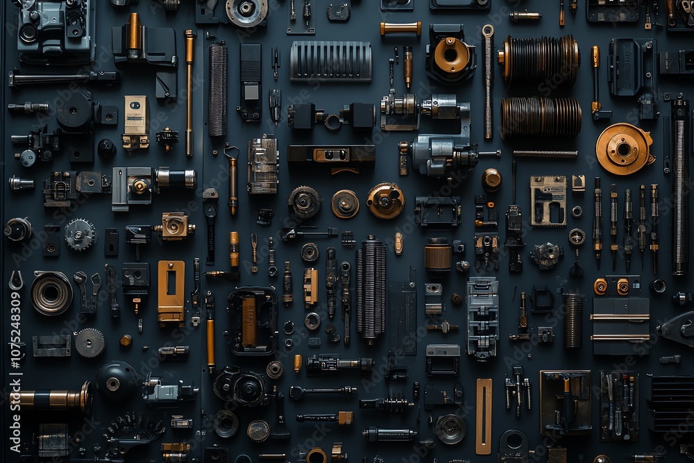 Poster a flat lay of various tools and hardware arranged on a dark blue background.
