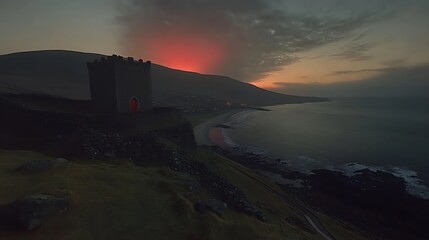A solitary tower overlooking a sea-swept coast at twilight.