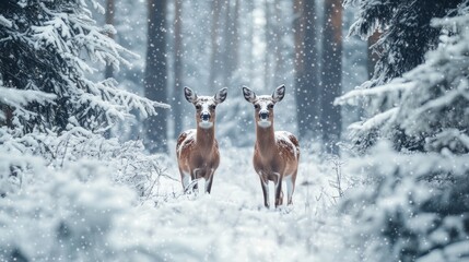 Two deer stand in a snowy forest, looking directly at the camera. 