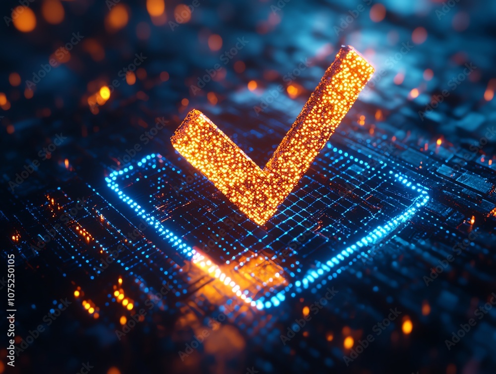 Aufkleber a glowing orange checkmark in a blue box on a digital circuit board background.