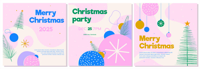 a set of invitation and postcard templates for Christmas. Vector illustration in a simple style with Christmas trees and Christmas balls in pink, blue and green colors.