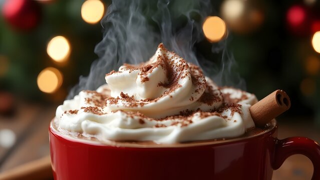 Steamy cup of hot Cococa topped with whipped cream and cinnamon, perfect for Christmas celebrations.