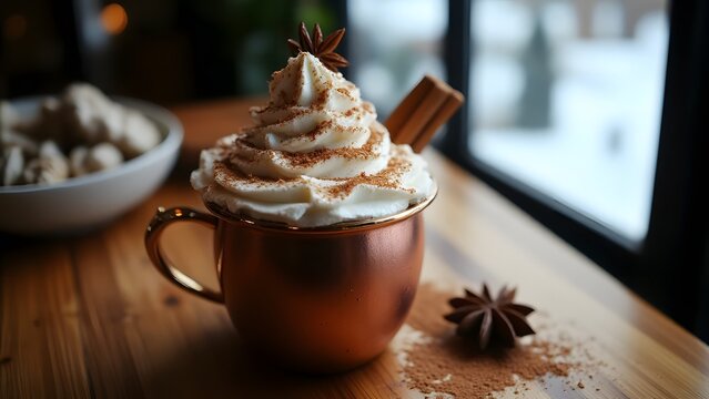 A copper mug of hot Cococa with whipped cream and star anise, capturing the warmth of Christmas.