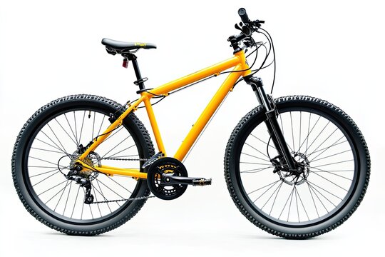 yellow black 29er mountainbike with thick offroad tyres. bicycle mtb cross country aluminum, cycling sport transport concept isolated on white background